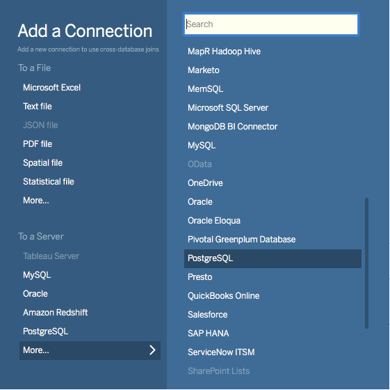 postgres option selected in menu